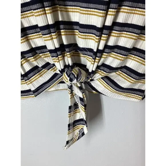 doe And Rae Multicolor Strip Top Black White Tan Ruffed Cuffs Women’s - Picture 9 of 9